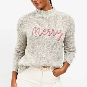 LOFT Gray Marbled Holiday Themed Turtleneck Sweater Red Candy Cane Embroidery